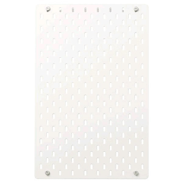 A white pegboard with colorful hooks and shelves attached to it. 80320804