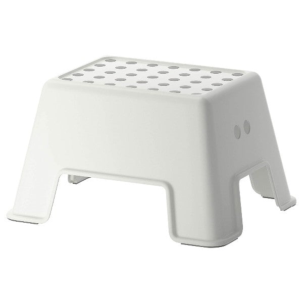 A white IKEA step stool with two wide steps and a metal frame, perfect for reaching high shelves or changing light bulbs